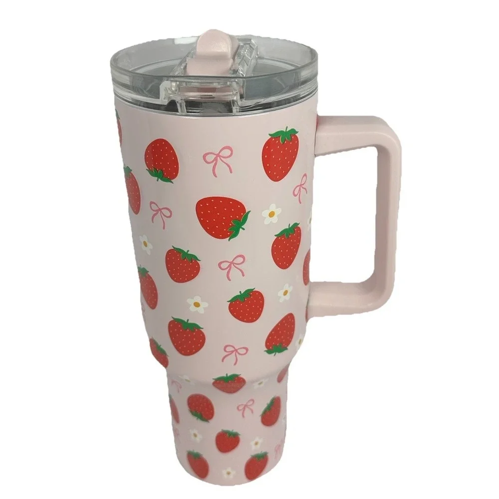 Strawberry Bow Tumbler 40oz Pink Travel Mug Handle Lid Market Square Cute